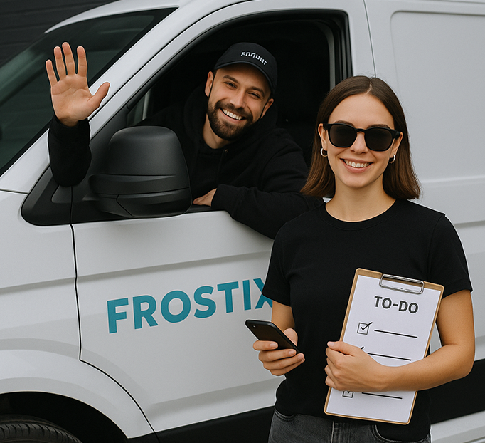 Eine Frau steht vor einem Frostix Lieferwagen.